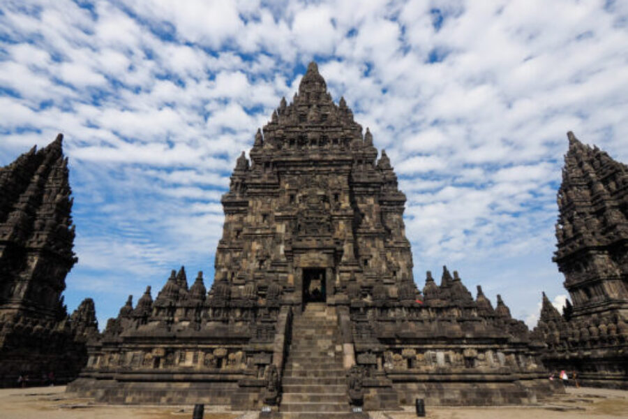 Massive Prambanan temple, and the most impressive of Java's Hindu art. The compound is dominated by the Trimurti temple, centre and biggest is devoted to Shiva, flanged by Vishnu and Brahma temple.